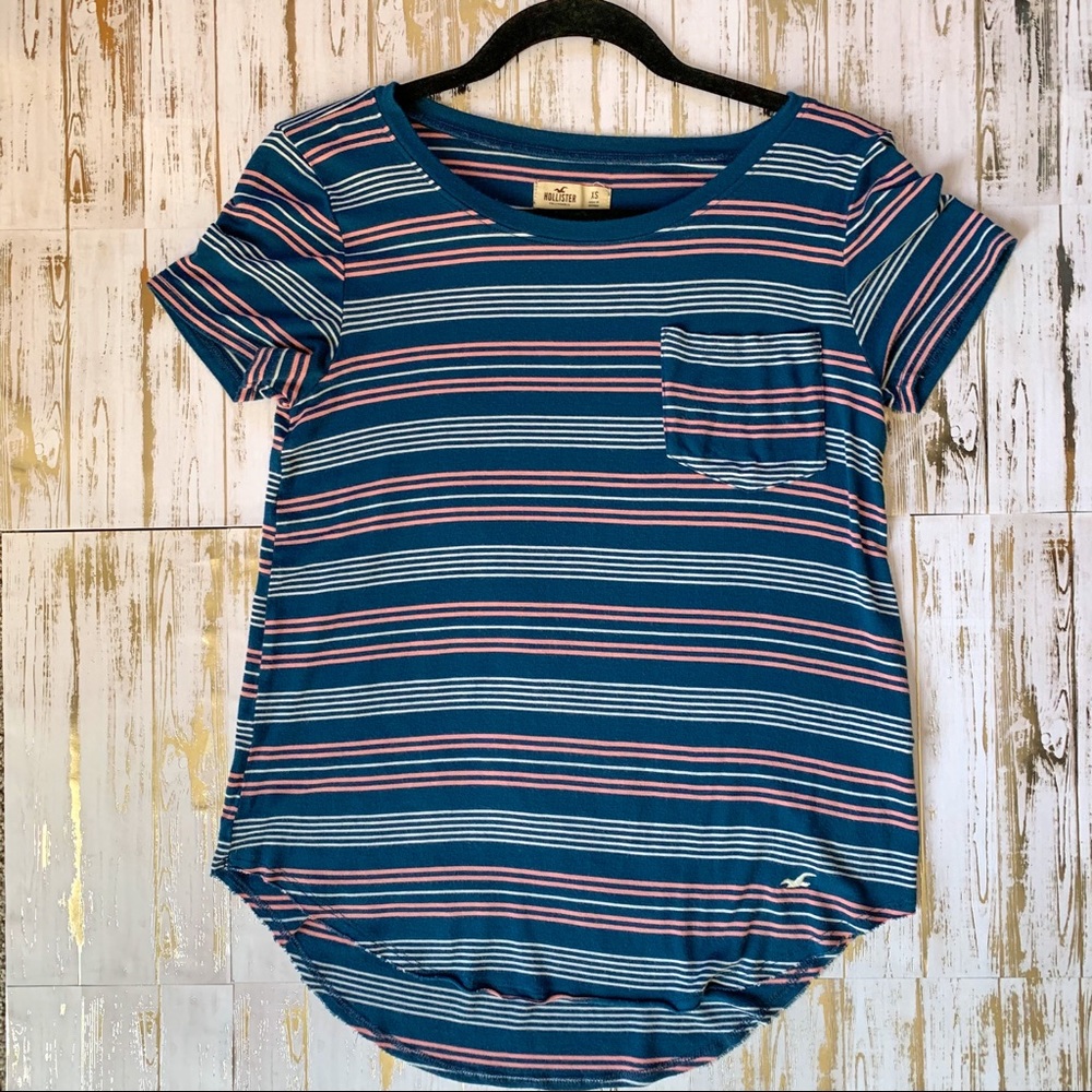 Hollister Blue and Pink Striped Pocket Tee